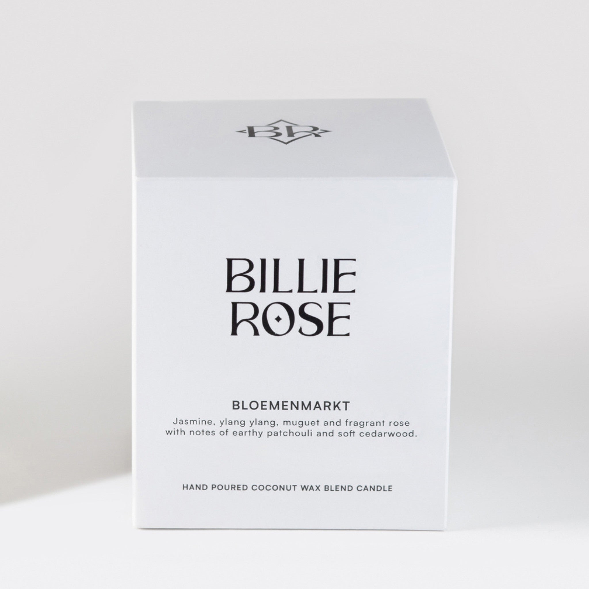 Bloemenmarkt white candle box with Billie Rose logos and fragrance description