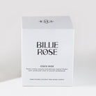 Coco Rios white candle box with Billie Rose logos and fragrance description