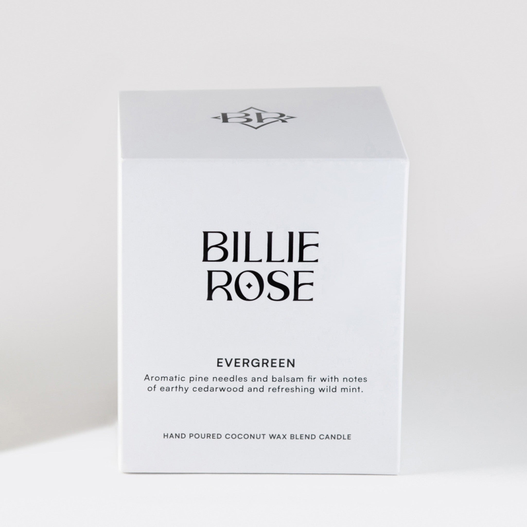 Evergreen white candle box with Billie Rose logos and fragrance description